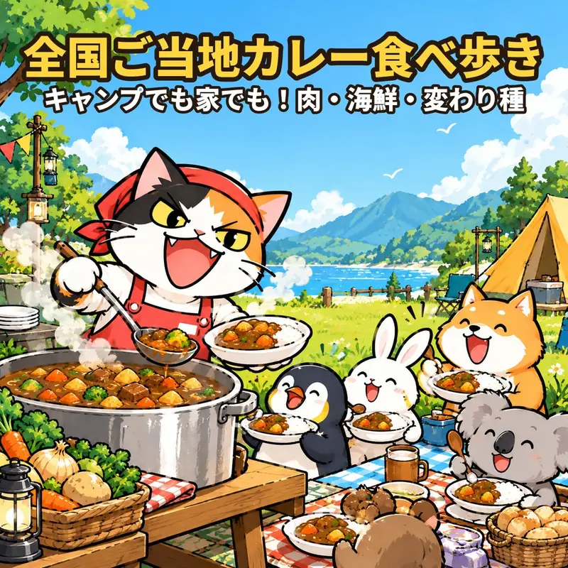 「全国ご当地カレー食べ歩き」の棚の表紙。キャンプ場で三毛猫が大きな鍋のカレーをよそい、ペンギン・うさぎ・柴犬・コアラたちがカレーを食べている絵