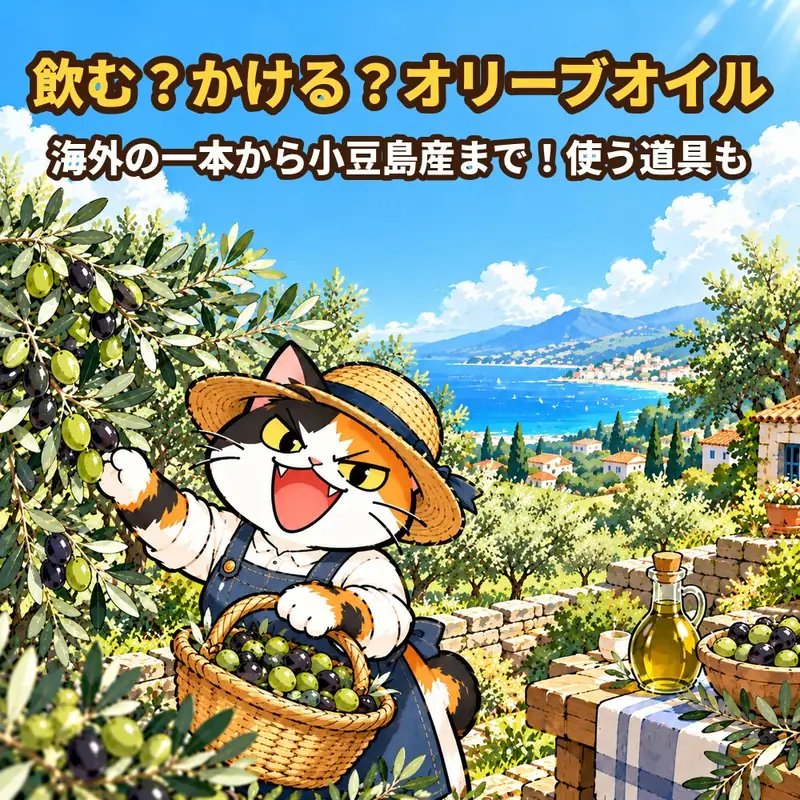 「飲む？かける？オリーブオイル」の棚の表紙。海の見えるオリーブ畑で、麦わら帽子の三毛猫がオリーブの実をかごに摘んでいる絵