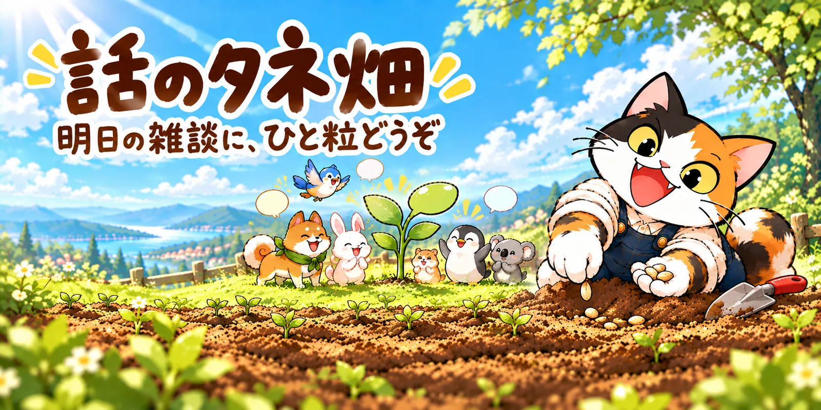 話のタネ畑。明日の雑談に、ひと粒どうぞ。晴れた空の下の畑で、三毛猫がタネをまき、動物たちが芽を見ている絵